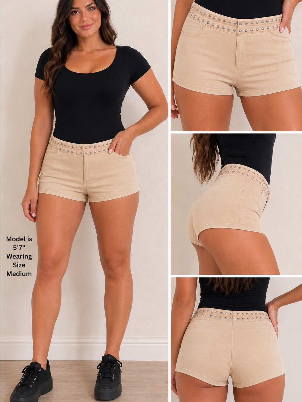 Studded Waist Design-Beige Women’s “Hot-Girl” Shorty-Shorts